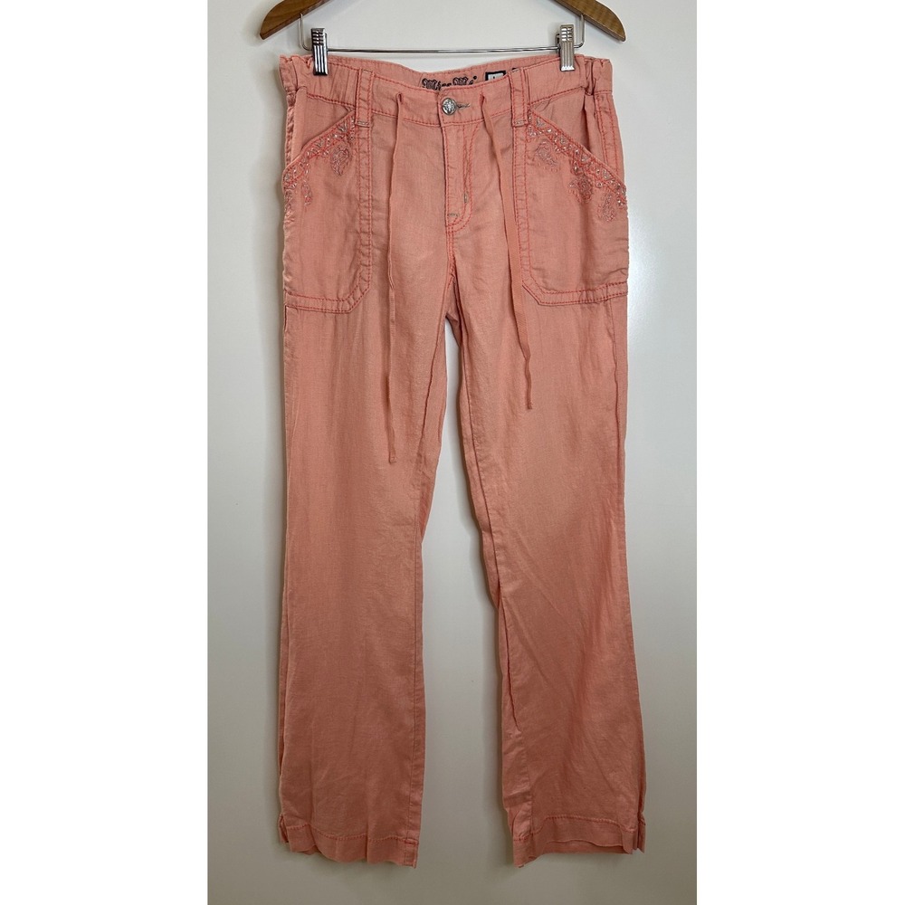 Miss Me Cargo 100% Linen Wide Leg Mid Rise Pant Coral Pink Large Lagonlook Beach - Picture 2 of 14